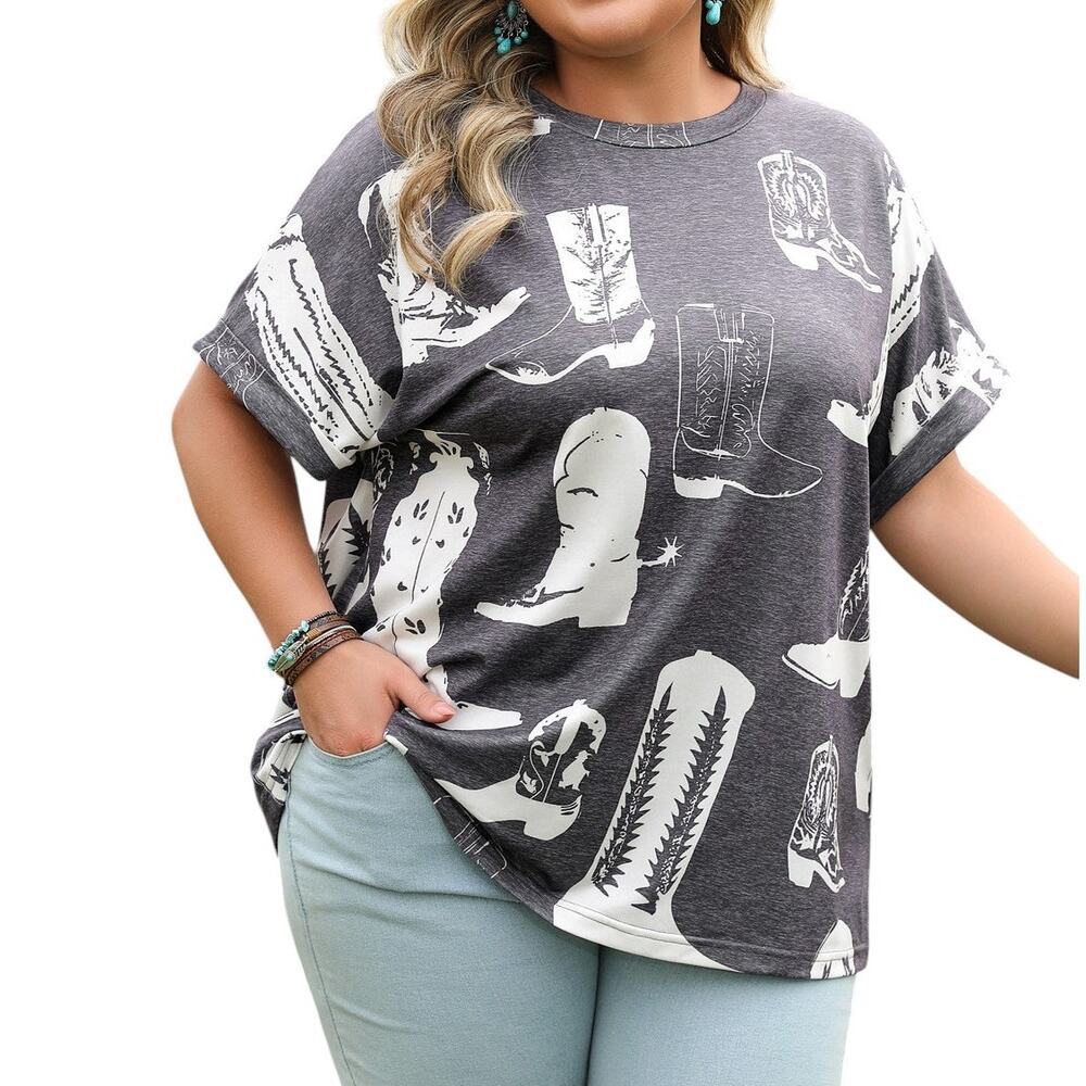 Gray Western Boots Print Crew Neck Short Sleeve Top New